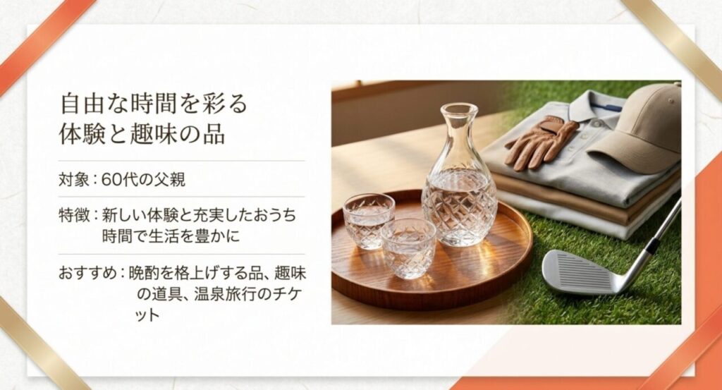 60代の自由な時間を彩る体験と趣味の品（趣味の道具や温泉チケット）を解説するスライド