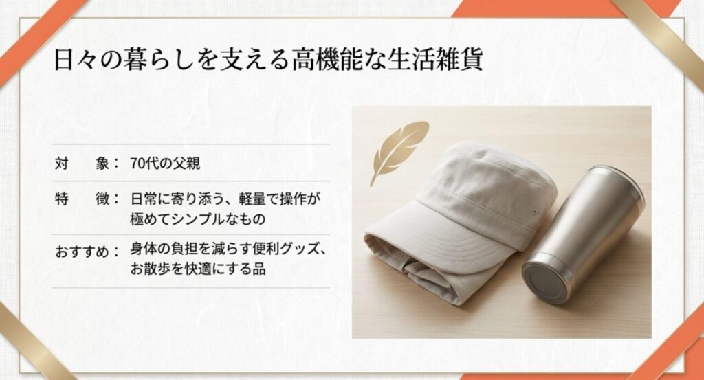 70代父親向けの日々の暮らしを支える高機能な生活雑貨（軽量でシンプルなもの）の解説スライド