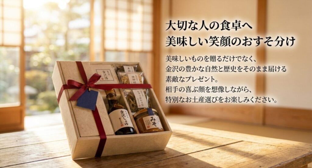 金沢の美味しい笑顔のおすそ分けとして調味料土産を提案するまとめのスライド