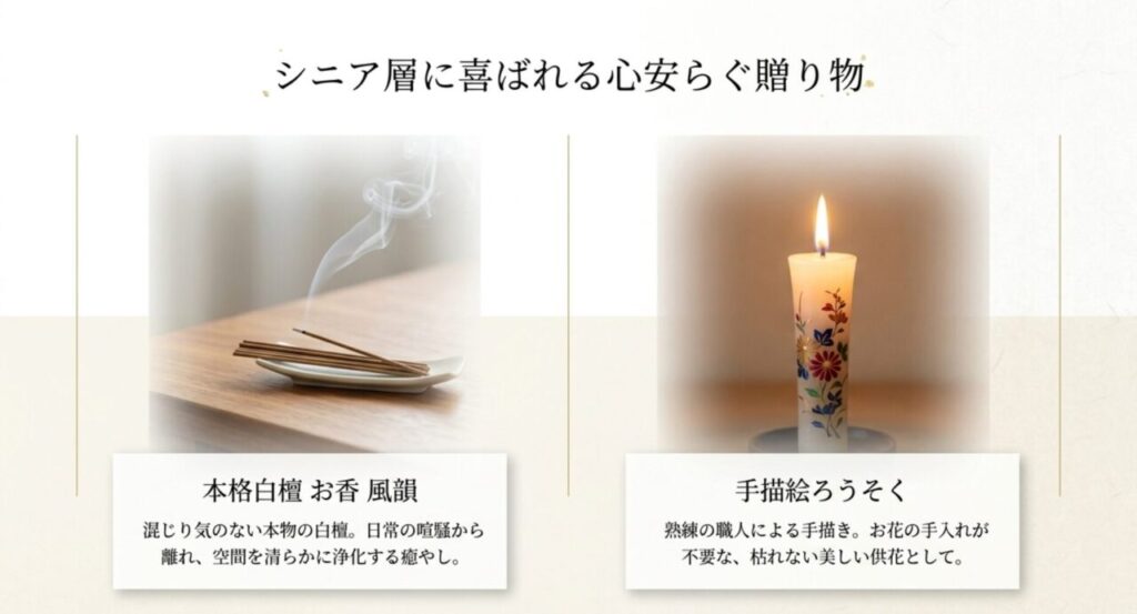 シニア層に喜ばれる心安らぐお香と和ろうそく