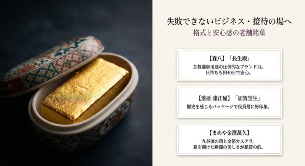 接待やビジネスシーンに最適な金沢の高級和菓子と金かすてら