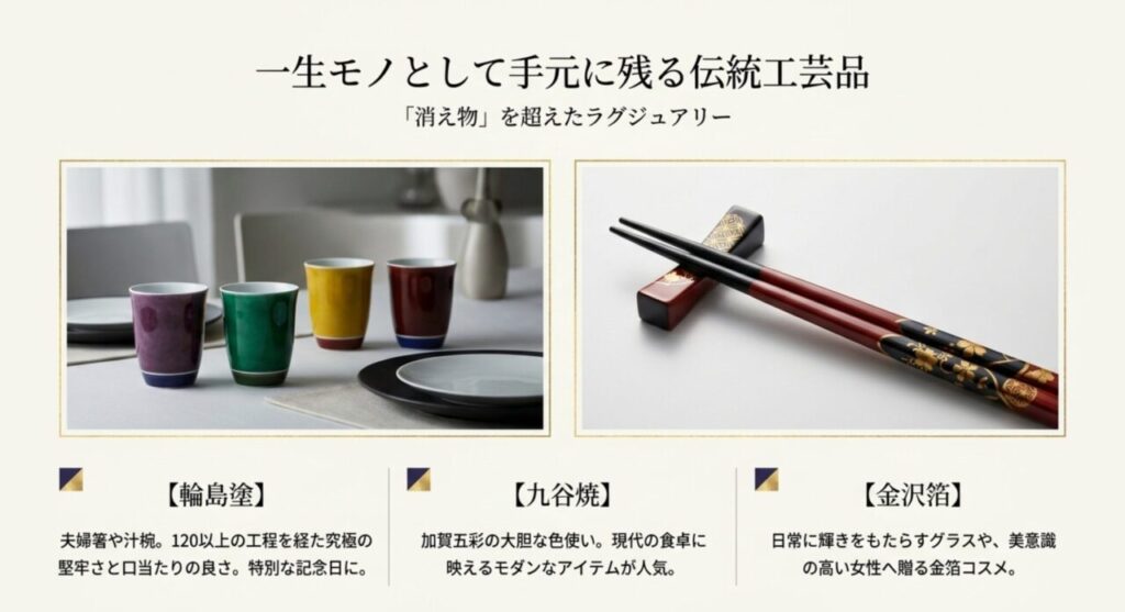 一生モノとして手元に残る輪島塗や九谷焼などの伝統工芸品