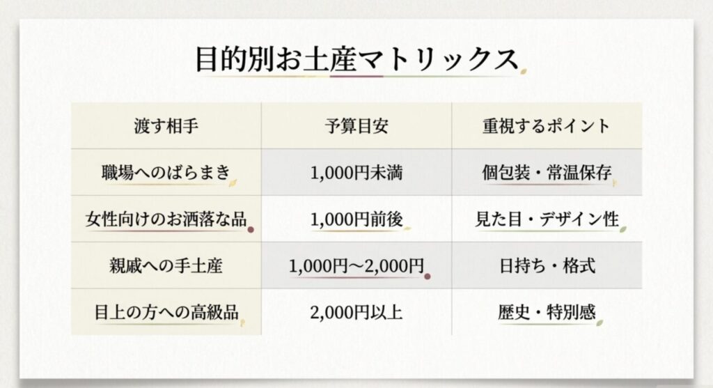 予算や渡す相手、重視するポイントで選ぶ金沢お土産マトリックス