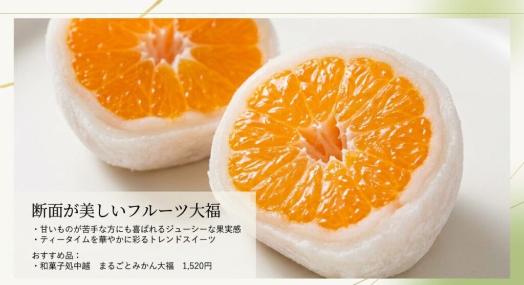 甘いものが苦手な方にも喜ばれる断面が美しいフルーツ大福