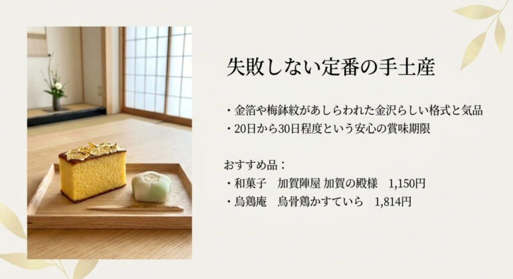 金箔や梅鉢紋があしらわれた日持ちのする定番の金沢和菓子