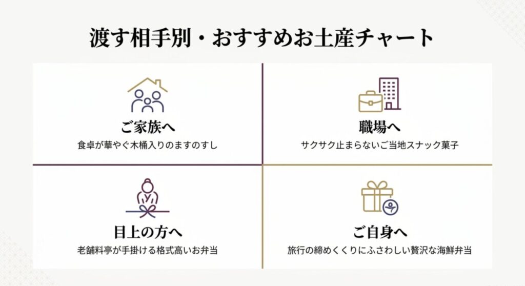 家族や職場など渡す相手別の金沢おすすめお土産チャート