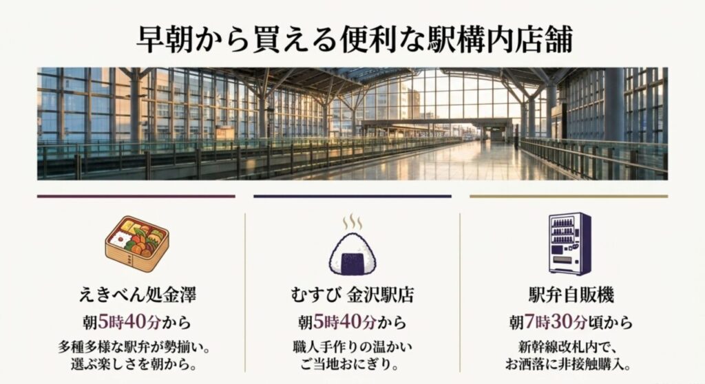 朝5時40分から営業している金沢駅構内の駅弁店舗と自販機