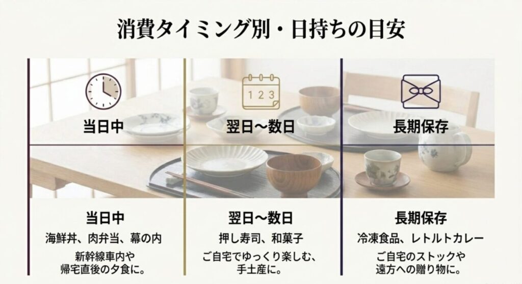 当日中から長期保存まで、消費タイミング別の金沢土産の日持ち目安