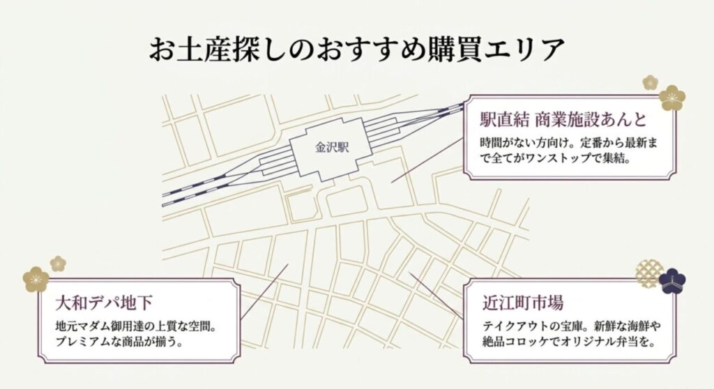 金沢駅あんと、大和デパ地下、近江町市場のお土産購買エリアマップ
