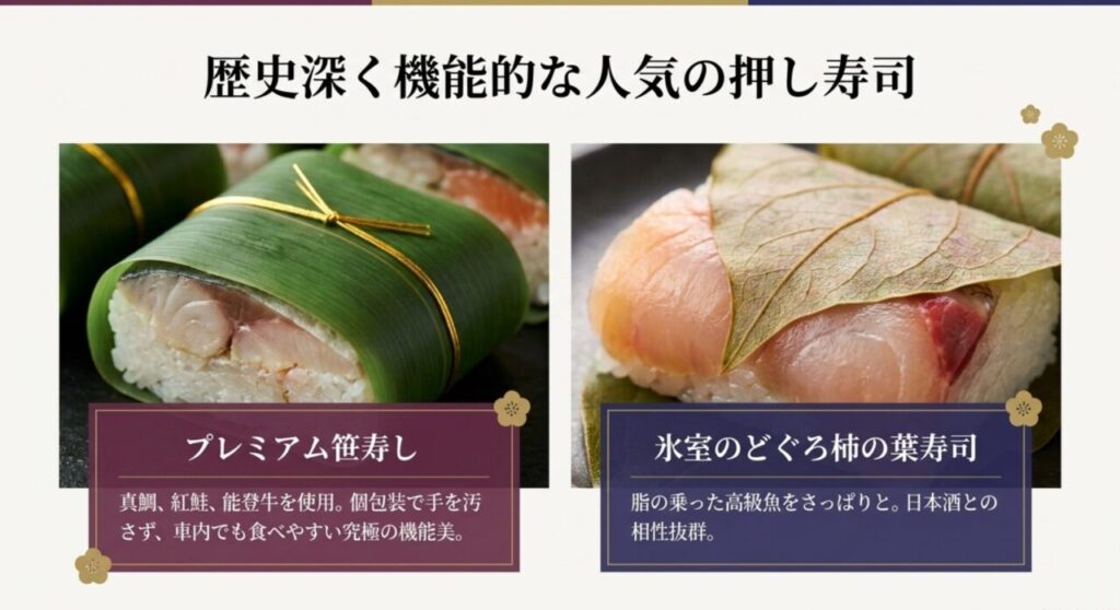真鯛や紅鮭、能登牛を使用した歴史深く機能的なプレミアム笹寿し