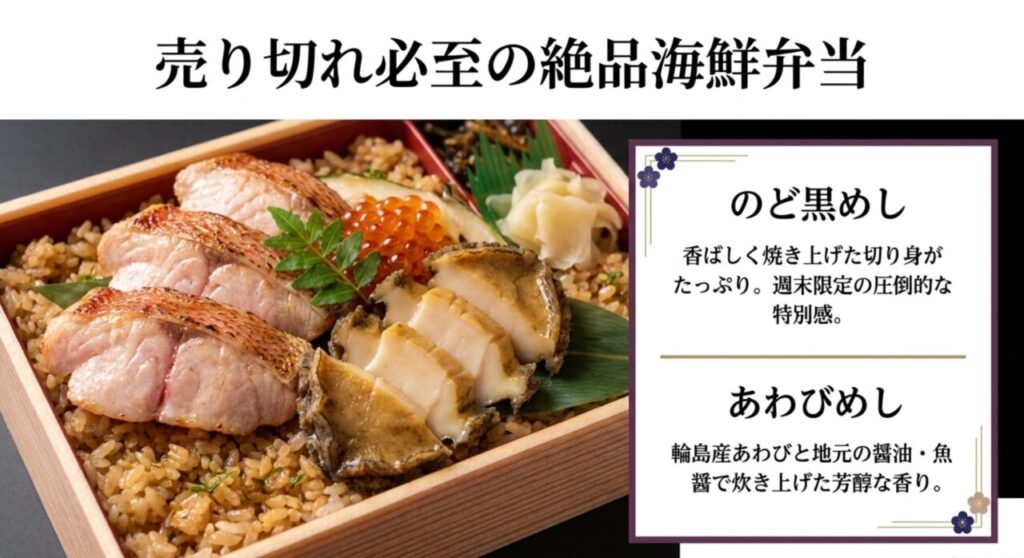 のど黒やあわびを贅沢に使用した金沢の絶品海鮮弁当
