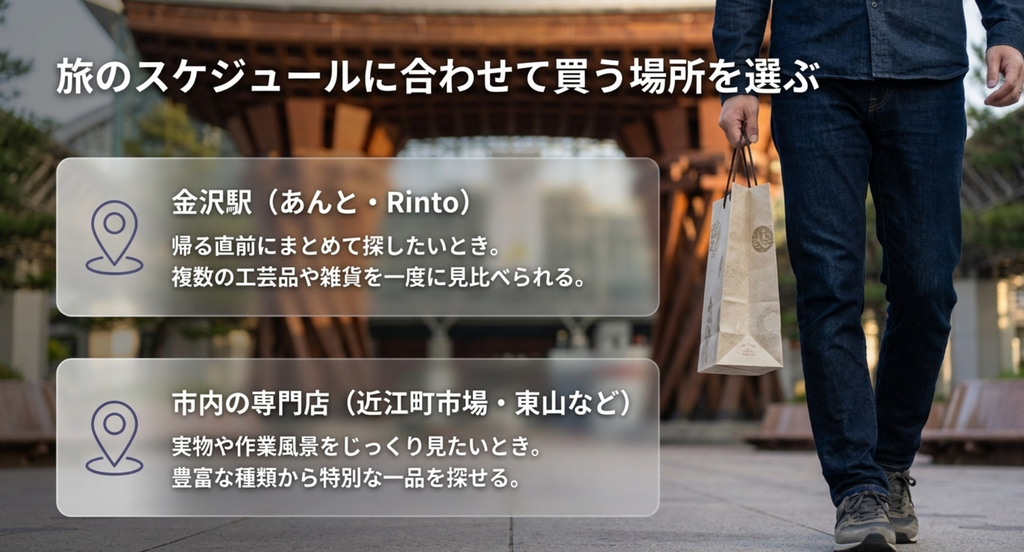 食べ物以外の金沢土産は旅の予定に合わせて金沢駅のあんと・Rintoと近江町市場や東山など市内専門店を使い分ける