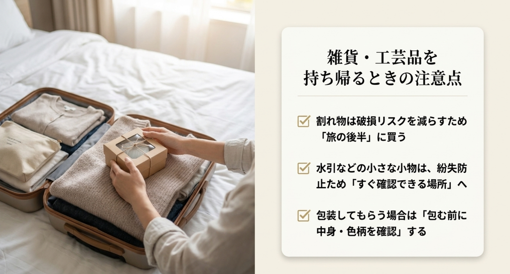 金沢の雑貨や工芸品を持ち帰るときは割れ物を旅の後半に買い、小物は確認しやすい場所に入れ、包装前に中身や色柄を確認する