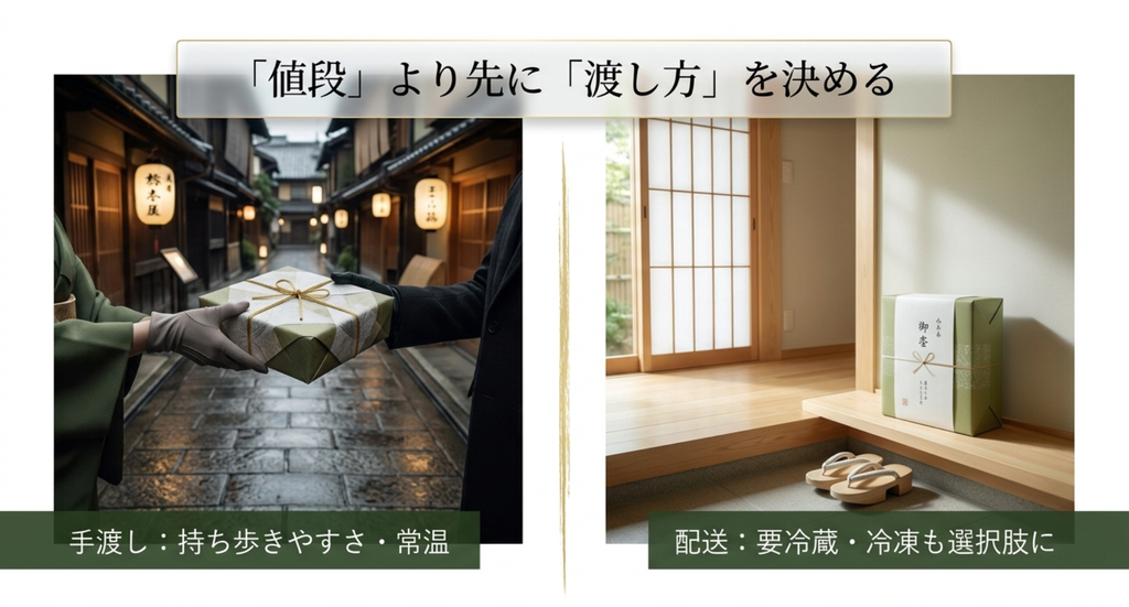 金沢の高級お土産は値段より先に手渡しか配送かを決め、手渡しなら持ち歩きやすさ、配送なら冷蔵や冷凍も候補にする