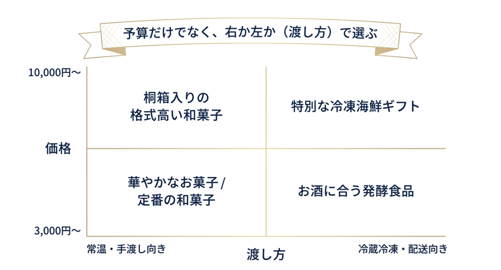 金沢の高級お土産は3000円台から1万円以上まで予算だけでなく常温で手渡すか冷蔵冷凍で配送するかを合わせて選ぶ