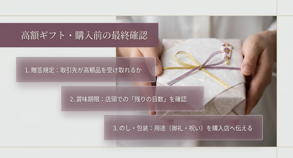金沢の高額ギフトを購入する前に取引先の贈答規定、購入時点の賞味期限、のしや包装の用途を確認する
