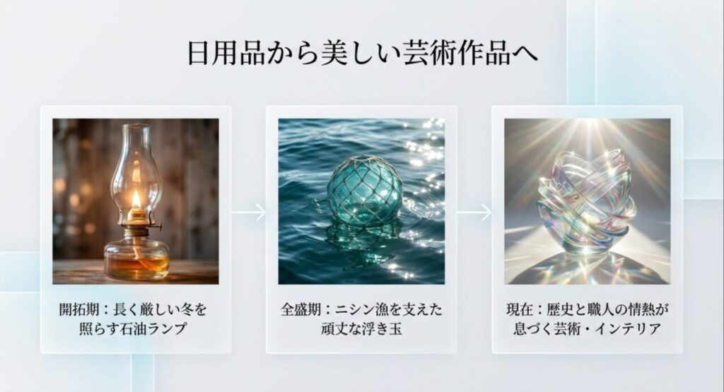 石油ランプや浮き玉など、実用品から芸術品へ進化を遂げた小樽ガラスの歴史