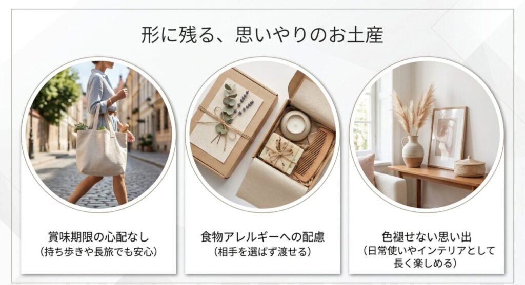 食品以外のお土産を選ぶメリット(賞味期限なし・アレルギー配慮・思い出に残る)