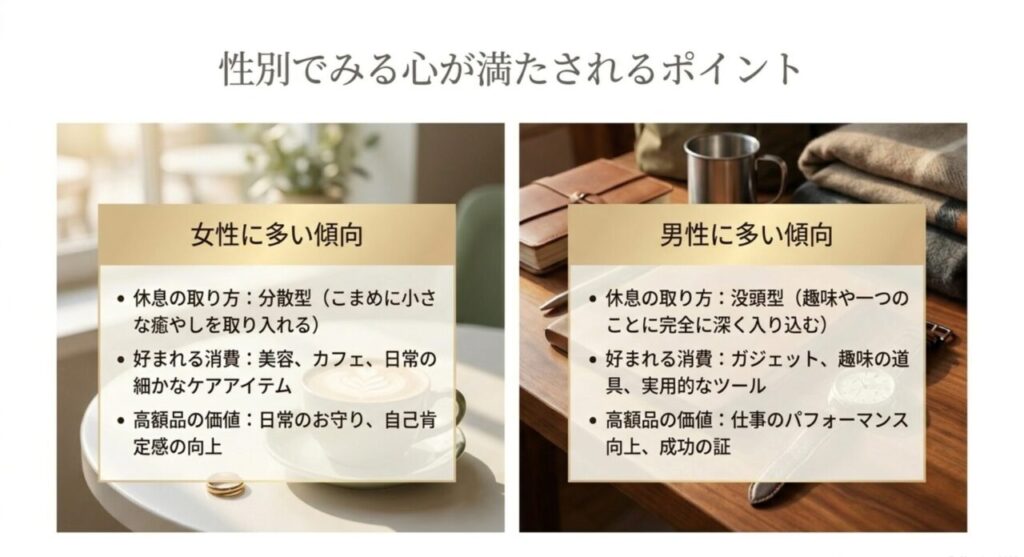 性別でみる心が満たされるポイント：女性は分散型、男性は没頭型の休息