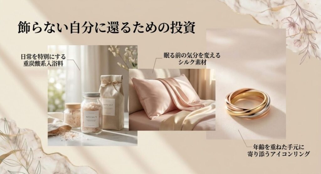 重炭酸入浴料、シルク枕カバー、アイコンリングを紹介する40代女性向けご褒美