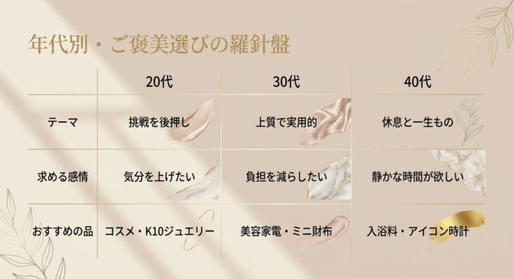 20代は挑戦、30代は上質で実用的、40代は休息と一生ものという年代別ご褒美選びの比較表
