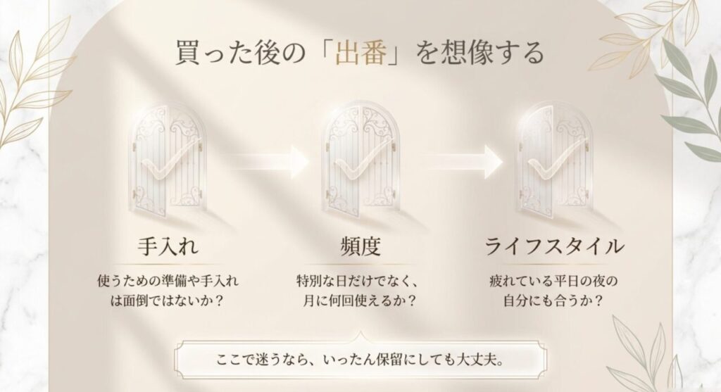手入れ、使用頻度、ライフスタイルの3点から自分へのご褒美の出番を確認するスライド