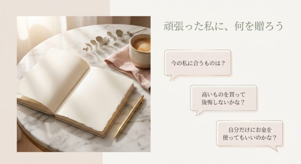 今の私に合うもの、高いものへの後悔、自分だけにお金を使う罪悪感を示したスライド