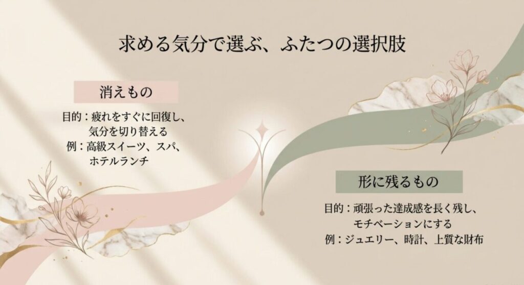 高級スイーツやスパなどの消えものとジュエリーや時計など形に残るご褒美の比較