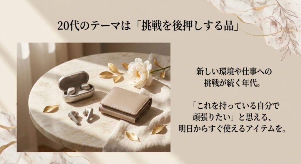 イヤホンとコンパクト財布で20代女性の挑戦を後押しする自分へのご褒美を表したスライド
