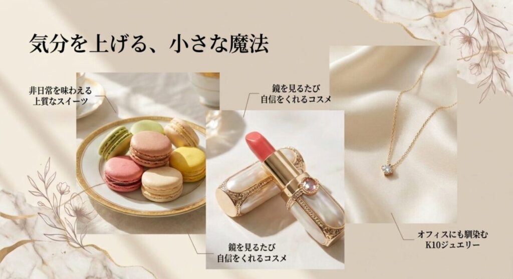 マカロン、リップ、K10ネックレスを紹介する20代女性向け自分へのご褒美