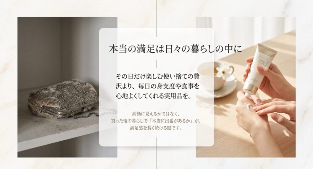 使い捨ての贅沢より毎日の身支度や食事を心地よくする実用品が満足を長続きさせることを示すスライド