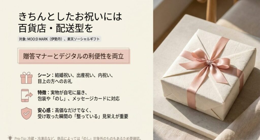 結婚祝いや出産祝いに向く百貨店系と配送型ギフトの特徴