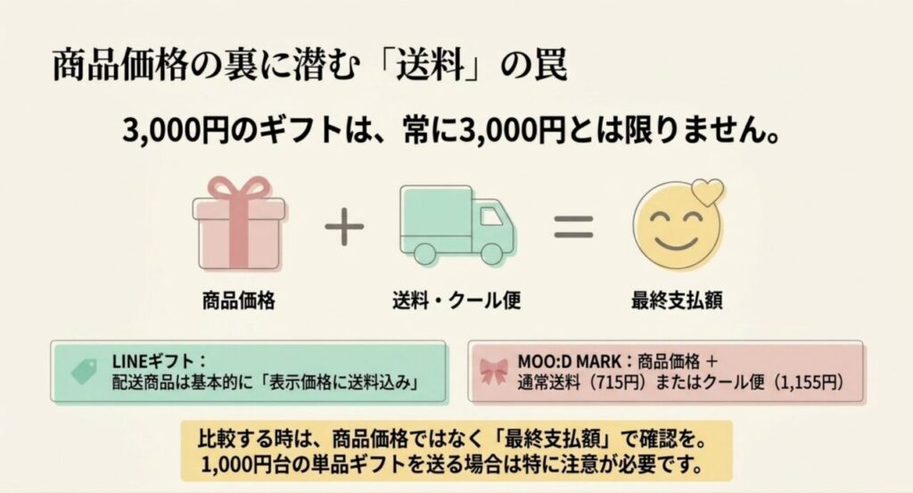 商品価格に送料やクール便料金を加えて比較する必要性を示す図