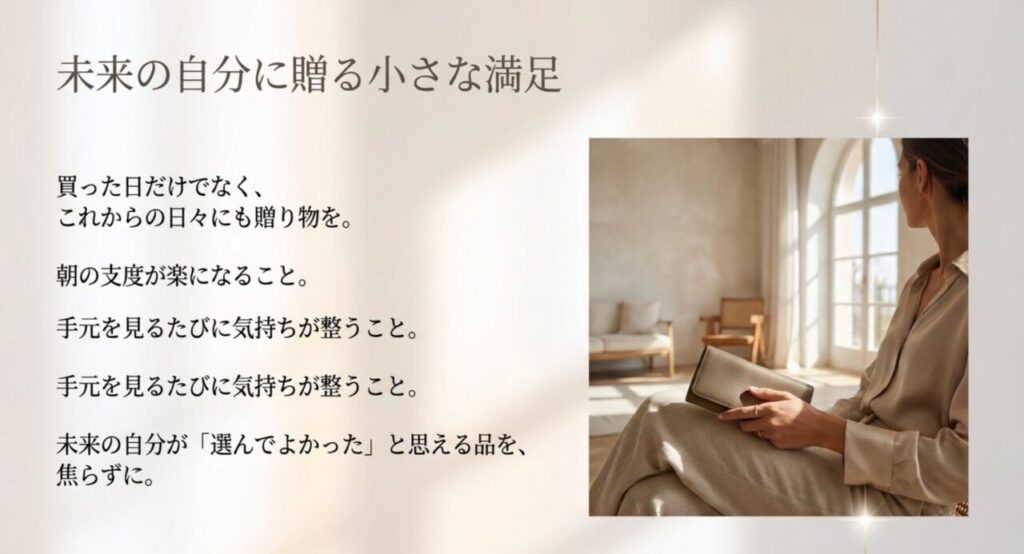 上質な財布を手にした女性と未来の自分が選んでよかったと思える品を選ぶメッセージ