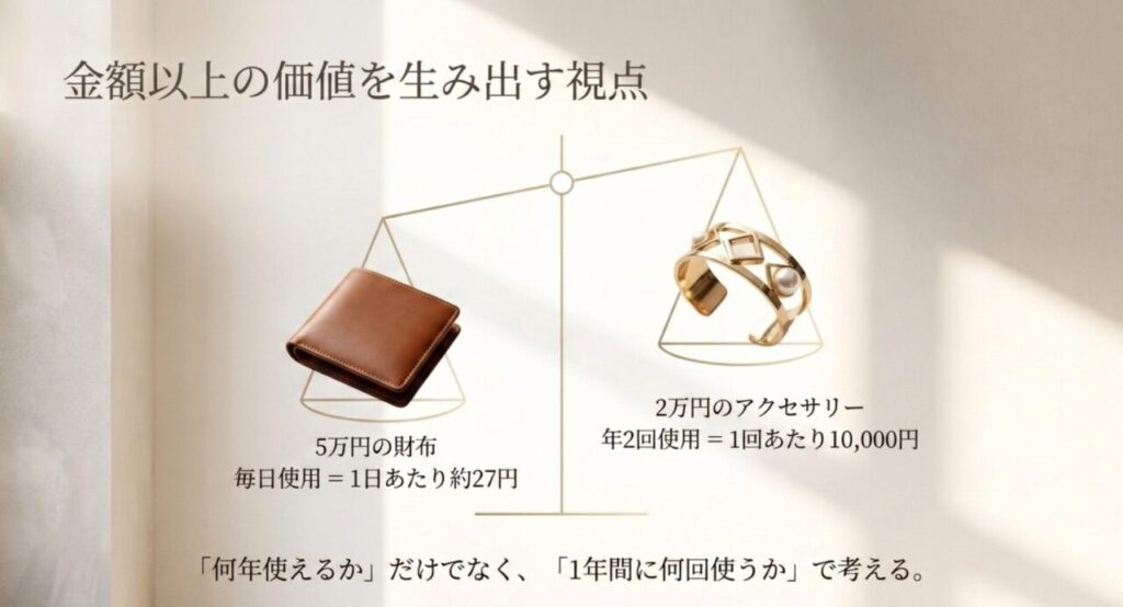 5万円の財布を毎日使う場合と2万円のアクセサリーを年2回使う場合の1回あたり費用を比較した図