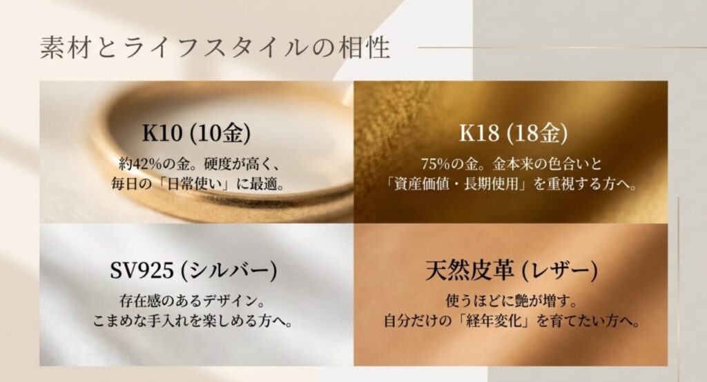 K10、K18、SV925、天然皮革の特徴とライフスタイルに合う選び方を比較した図