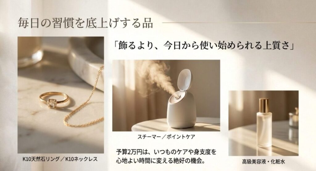 K10天然石リング、K10ネックレス、スチーマー、ポイントケア、高級美容液を示した予算2万円のご褒美例