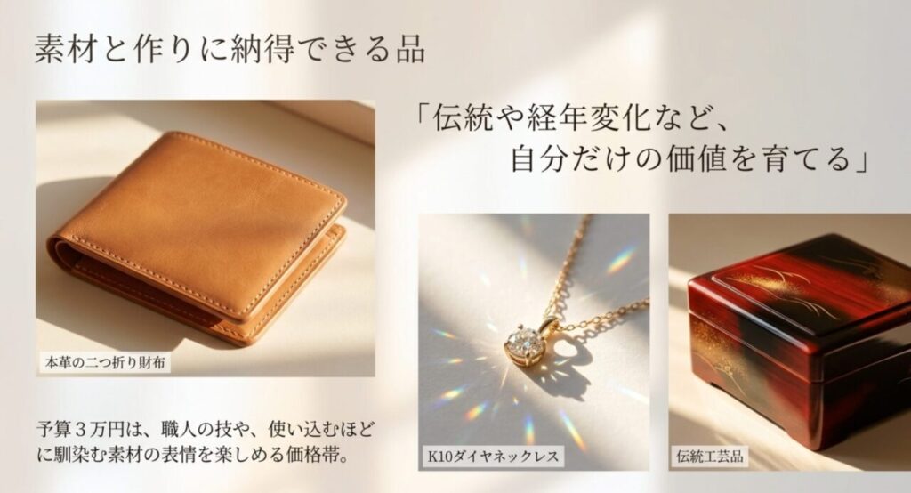 本革の二つ折り財布、K10ダイヤネックレス、伝統工芸品を示した予算3万円のご褒美例