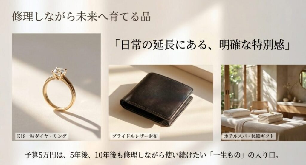 K18一粒ダイヤリング、ブライドルレザー財布、ホテルスパを示した予算5万円のご褒美例