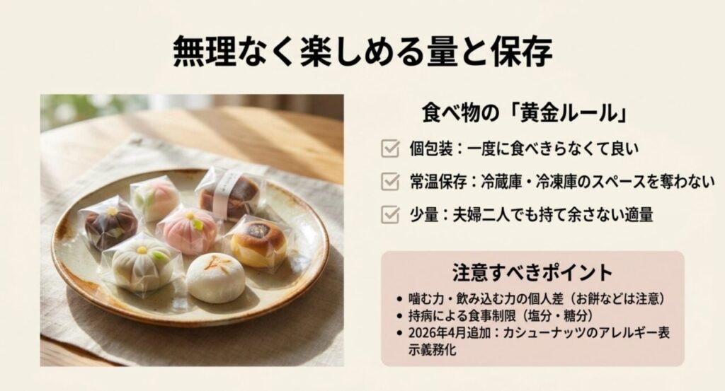 個包装、常温保存、少量など敬老の日の食品ギフトで量と保存を確認するポイント