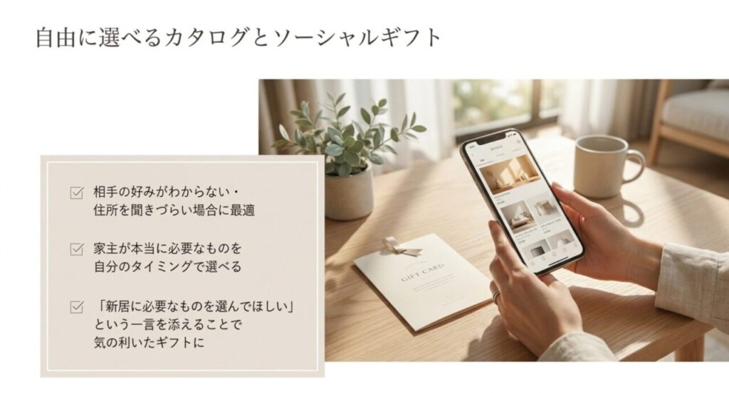 相手の好みや住所がわからない場合にカタログギフトやソーシャルギフトを選ぶメリットを示すスライド
