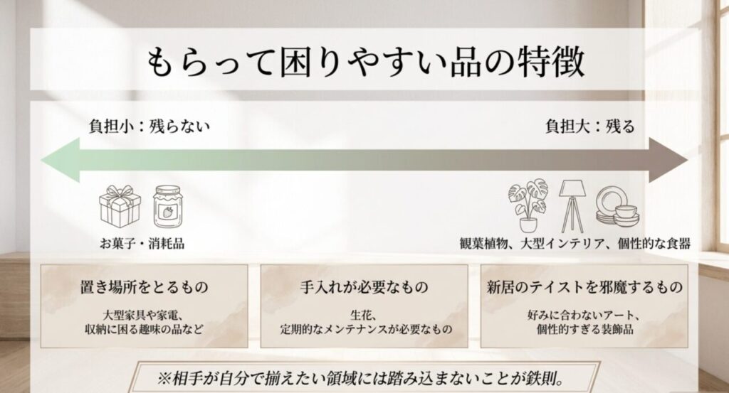 お菓子や消耗品と観葉植物・大型インテリア・個性的な食器を負担の残りやすさで比較した図