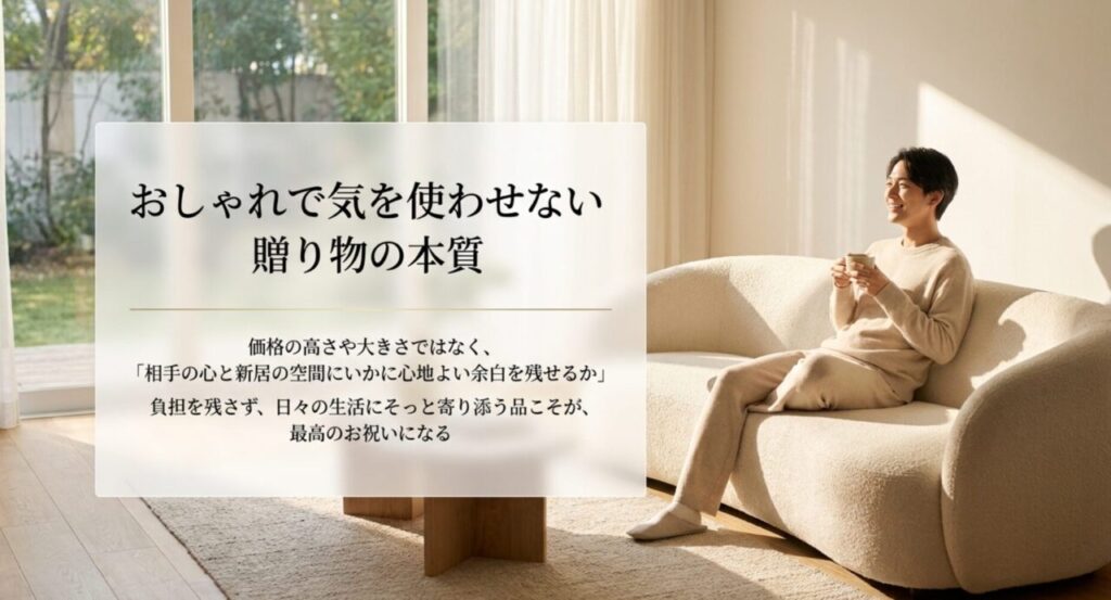 相手の心と新居の空間に負担を残さず日々の生活に寄り添う新築祝いの考え方をまとめたスライド