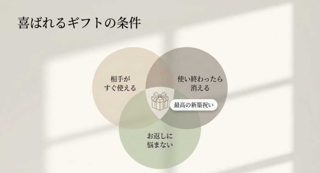 相手がすぐ使える・使い終われば消える・お返しに悩まないという新築祝いの3条件を示す図