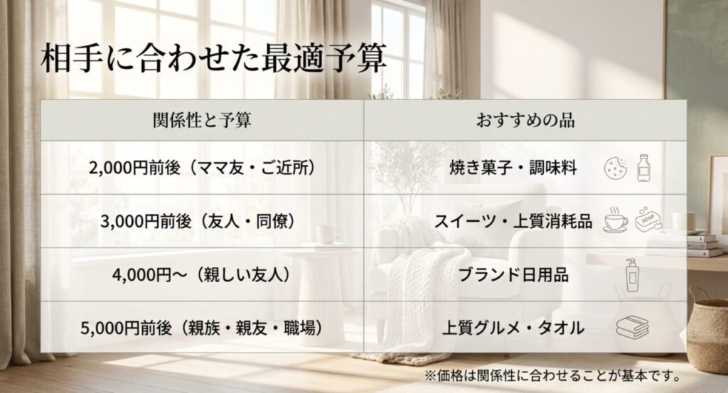 ママ友・友人・親しい友人・職場など関係性別の新築祝い予算とおすすめ品を示す表