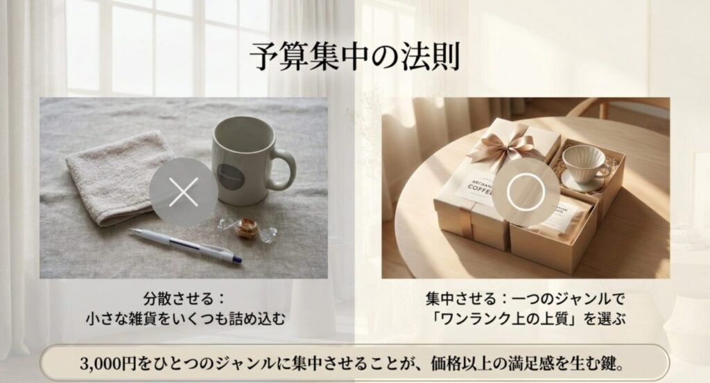 新築祝い3000円は小物を分散せず一つのジャンルで上質な品を選ぶ考え方を示すスライド