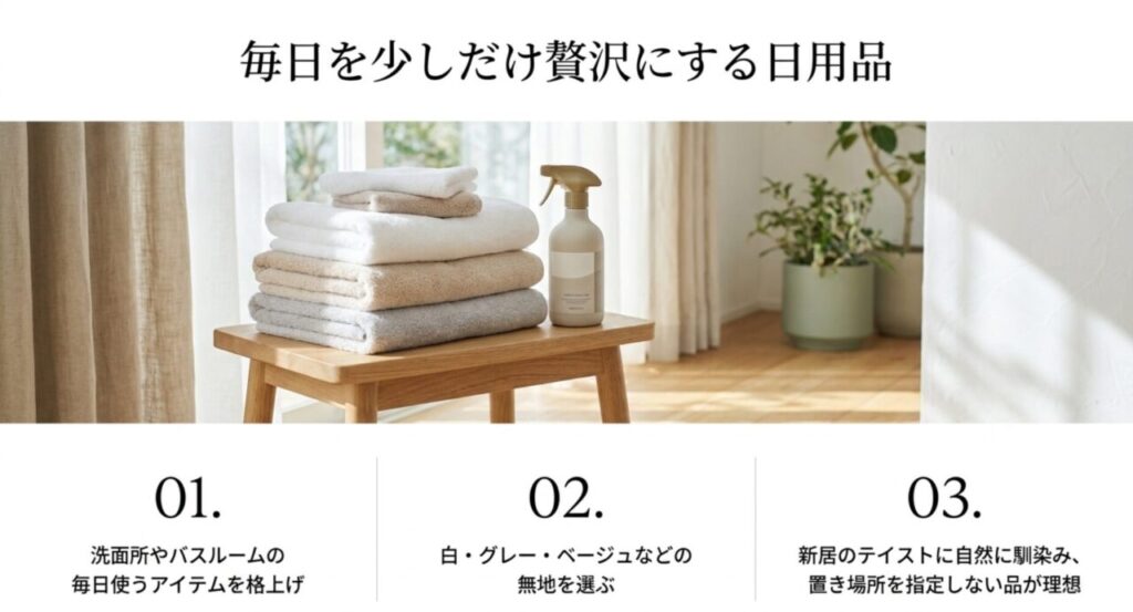 新築祝い4000円前後で選びやすいタオルや日用品の色とデザインの選び方を示すスライド