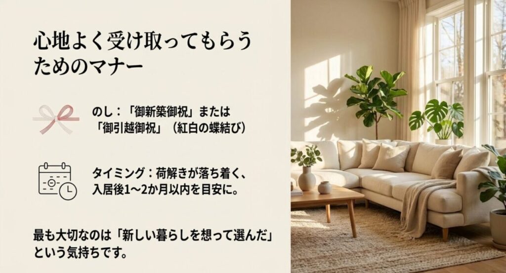 御新築御祝や御引越御祝ののしと入居後1から2か月以内を目安とするタイミングを示したスライド