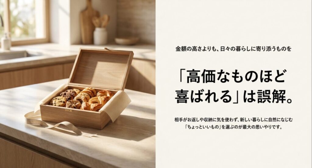 友人への新築祝いは高価さよりお返しや収納の負担を抑え暮らしになじむ品が大切と解説するスライド