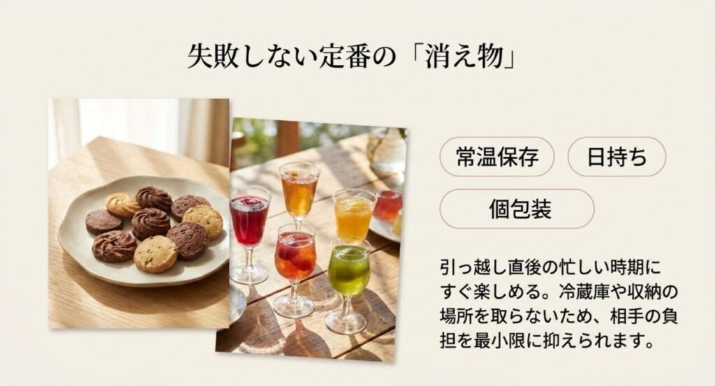 常温保存、日持ち、個包装を新築祝いの食べ物やお菓子選びのポイントとして示したスライド